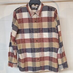 Alfred Dunner Womens 14 Floral Jacquard Plaid Button Down Shirt Earth Tones